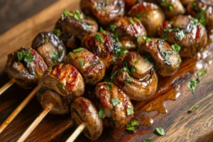 Bacon-wrapped mushrooms, mushroom bacon bites, grilled appetizers, bacon bites, grilled mushroom recipes