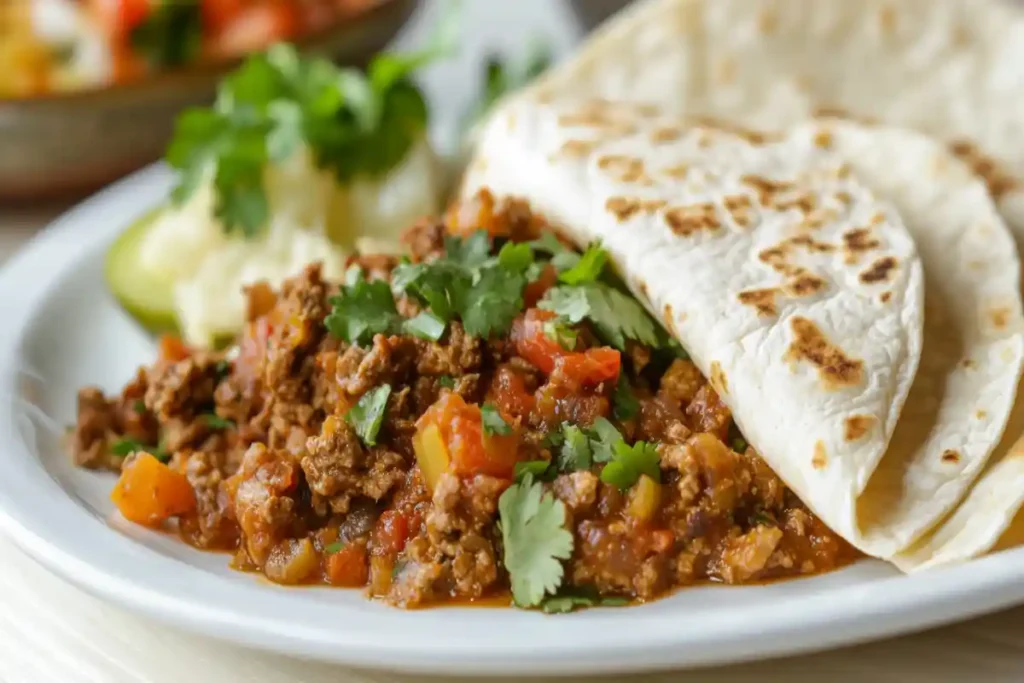 Picadillo recipe, ground beef picadillo, Mexican picadillo with tortillas, beef picadillo with flour tortillas, easy picadillo with tortillas