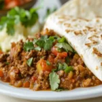 Picadillo recipe, ground beef picadillo, Mexican picadillo with tortillas, beef picadillo with flour tortillas, easy picadillo with tortillas