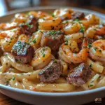 Cajun pasta, shrimp and steak Alfredo, creamy Cajun pasta, spicy Alfredo pasta, seafood and steak pasta