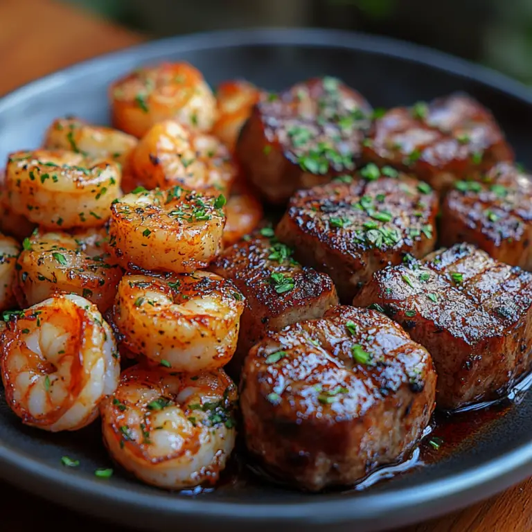 Garlic butter steak and shrimp, surf and turf recipe, steak bites and shrimp skillet, steak and shrimp dinner, savory shrimp and steak bites, steak and seafood meal