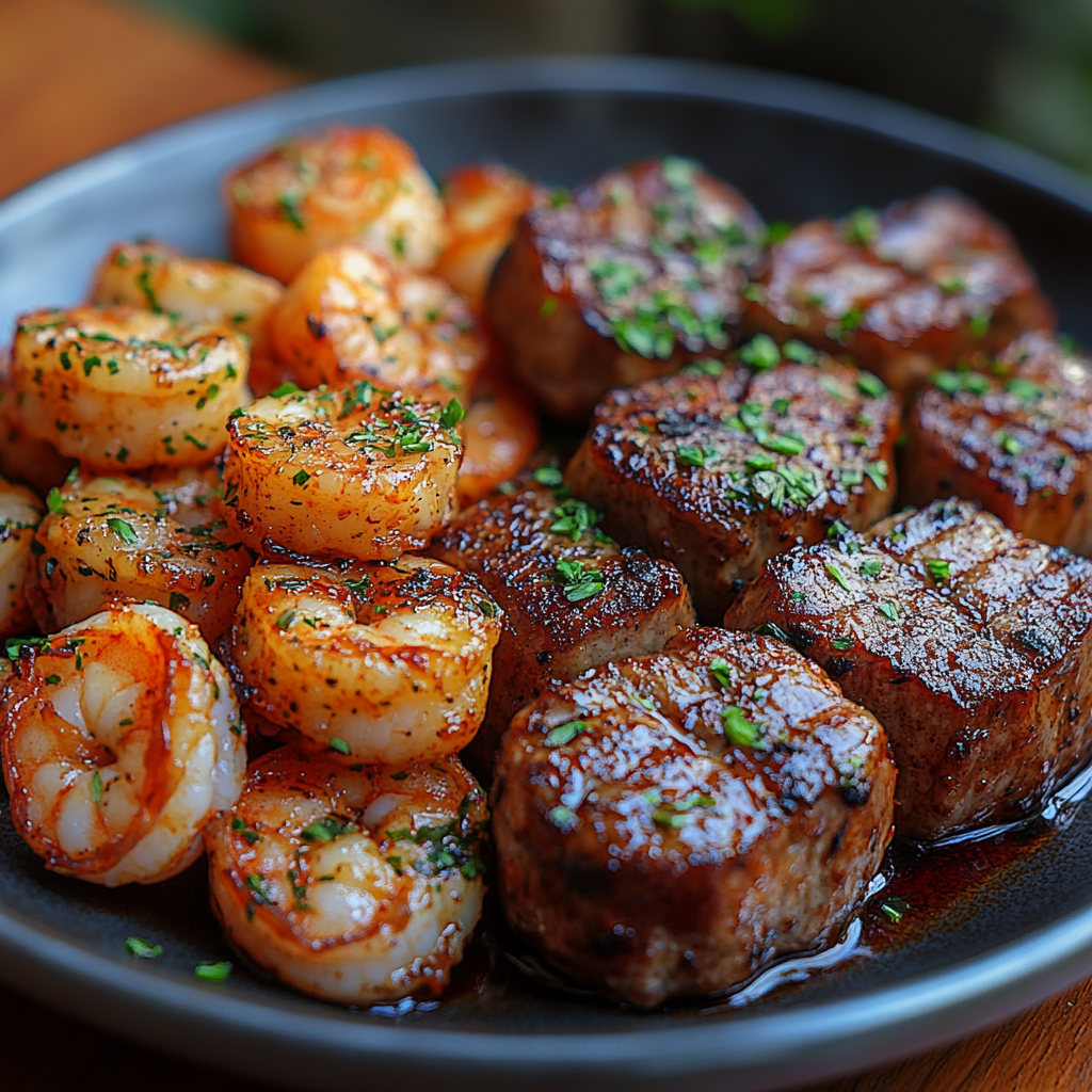 Garlic butter steak and shrimp, surf and turf recipe, steak bites and shrimp skillet, steak and shrimp dinner, savory shrimp and steak bites, steak and seafood meal