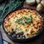 hamburger potato casserole, ground beef and potato bake, rustic hamburger bake, cheesy hamburger casserole, hamburger and potato recipe, comfort food casserole