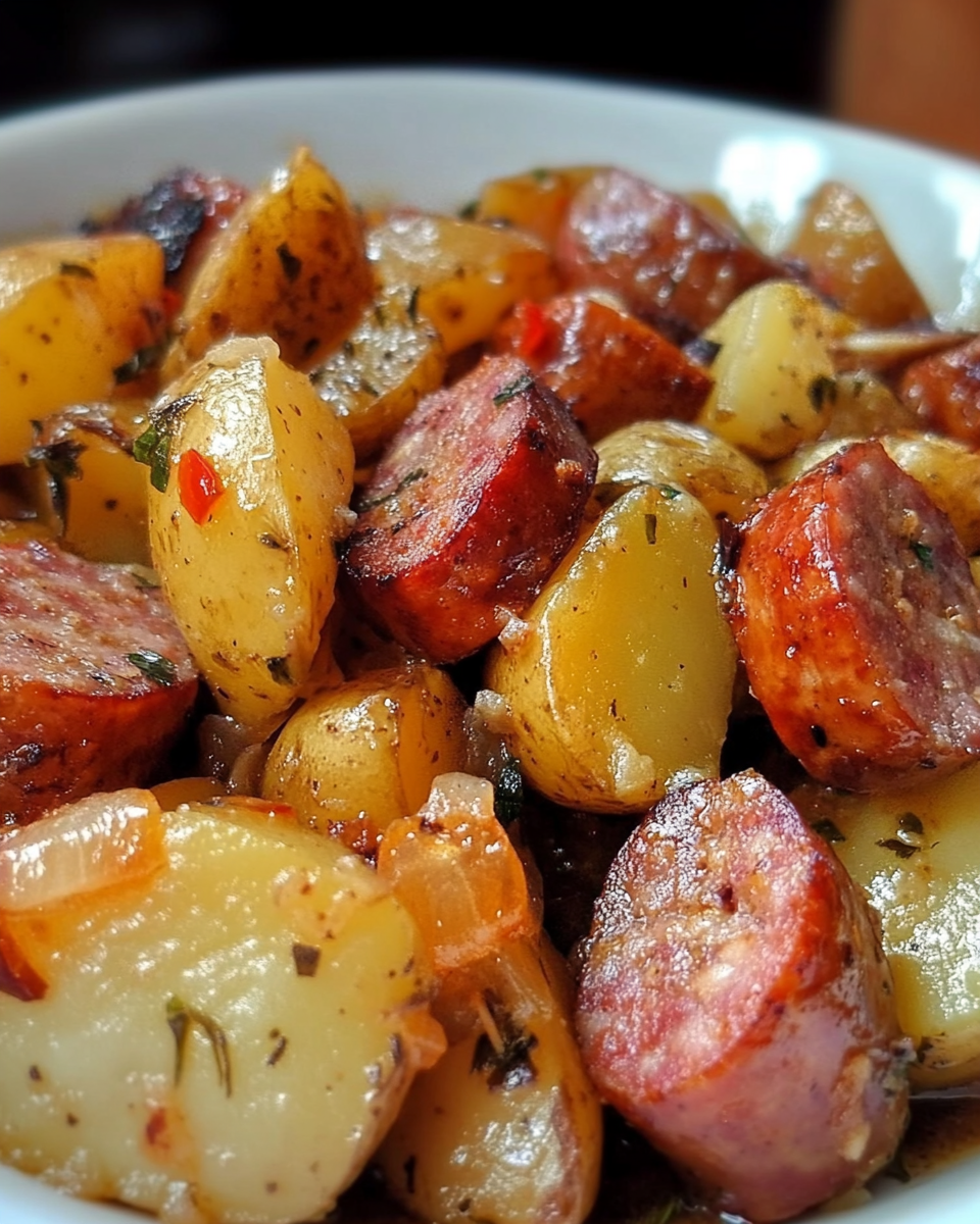 smoked sausage and potatoes skillet, sausage potato dinner, sausage and potato recipes, smoked kielbasa and potatoes