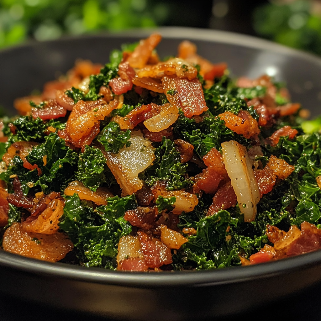 sauteed kale with bacon, kale and garlic recipe, garlic kale bacon dish, healthy kale recipe, bacon garlic greens, crispy bacon kale