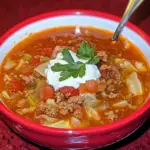 cabbage roll soup recipe, Freda’s cabbage soup, stuffed cabbage soup, hearty cabbage soup, beef and cabbage soup