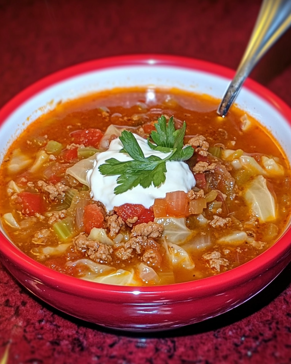 cabbage roll soup recipe, Freda’s cabbage soup, stuffed cabbage soup, hearty cabbage soup, beef and cabbage soup