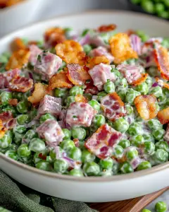 pea salad with bacon, creamy bacon pea salad, easy pea salad, bacon cheddar pea salad, frozen pea salad