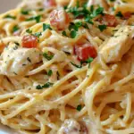 creamy chicken spaghetti, chicken spaghetti casserole, baked chicken spaghetti, easy chicken pasta