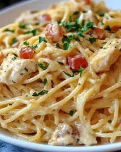 creamy chicken spaghetti, chicken spaghetti casserole, baked chicken spaghetti, easy chicken pasta