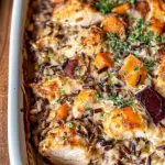 creamy chicken casserole, wild rice bake, chicken rice casserole, chicken and rice dinner, easy chicken casserole