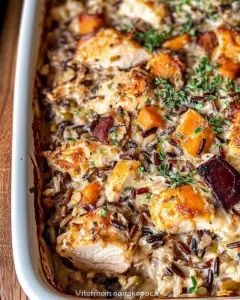 creamy chicken casserole, wild rice bake, chicken rice casserole, chicken and rice dinner, easy chicken casserole