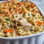 creamy chicken noodle bake, chicken and noodle casserole, cheesy chicken casserole, easy chicken casserole recipe, baked chicken noodle casserole