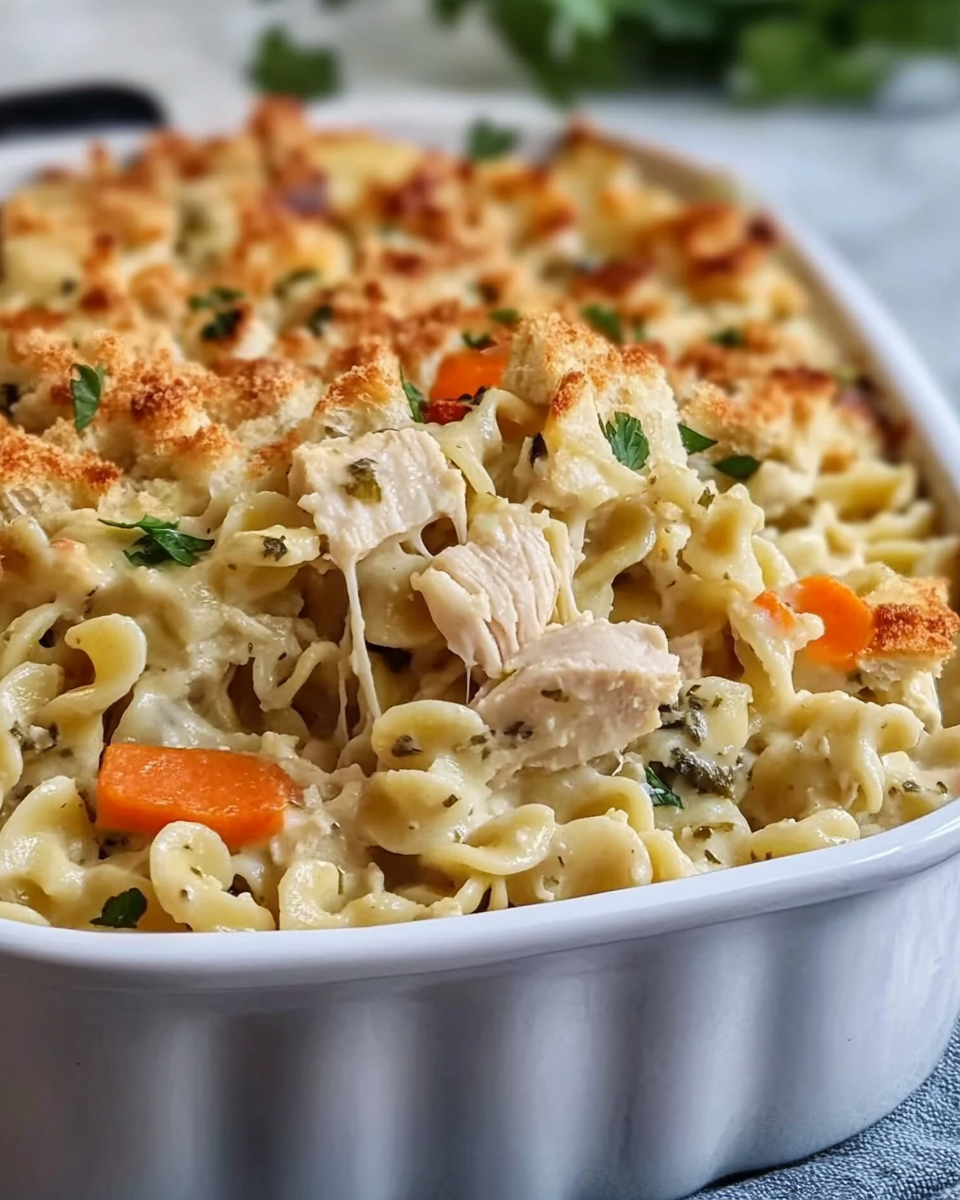 creamy chicken noodle bake, chicken and noodle casserole, cheesy chicken casserole, easy chicken casserole recipe, baked chicken noodle casserole