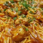 chicken spaghetti casserole, cheesy chicken spaghetti, creamy chicken pasta, baked chicken spaghetti, easy chicken spaghetti