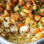 chicken and stuffing casserole, easy chicken stuffing bake, creamy chicken stuffing casserole, chicken casserole with stuffing