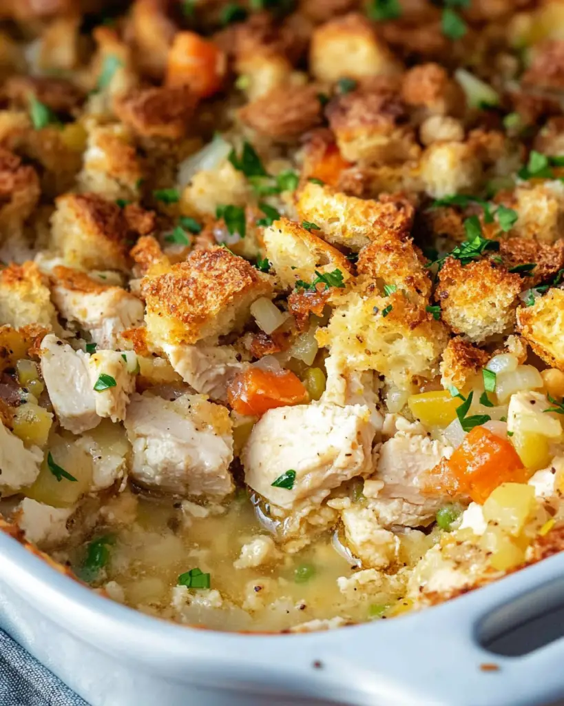 chicken and stuffing casserole, easy chicken stuffing bake, creamy chicken stuffing casserole, chicken casserole with stuffing