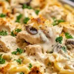 chicken tetrazzini, baked chicken tetrazzini, chicken pasta bake, creamy pasta, chicken casserole, chicken tetrazzini recipe