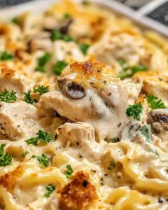 chicken tetrazzini, baked chicken tetrazzini, chicken pasta bake, creamy pasta, chicken casserole, chicken tetrazzini recipe