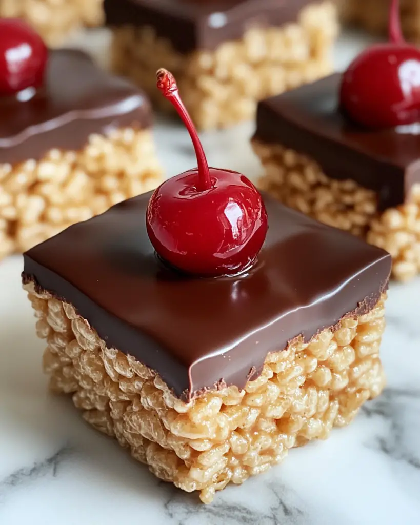 cherry chocolate Rice Krispies treats, Rice Krispies with cherries, chocolate cherry dessert bars, cherry Rice Krispies squares, cherry Rice Krispies snacks