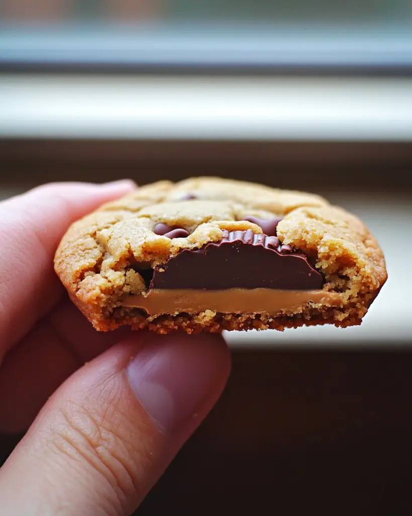 peanut butter Reese’s cookies, Reese’s stuffed cookies, chocolate chip cookies with Reese’s, stuffed peanut butter cookies, chocolate and peanut butter cookies