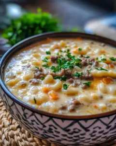 cheeseburger macaroni soup, one-pot cheeseburger soup, creamy macaroni cheeseburger soup, easy cheeseburger soup, hearty burger soup