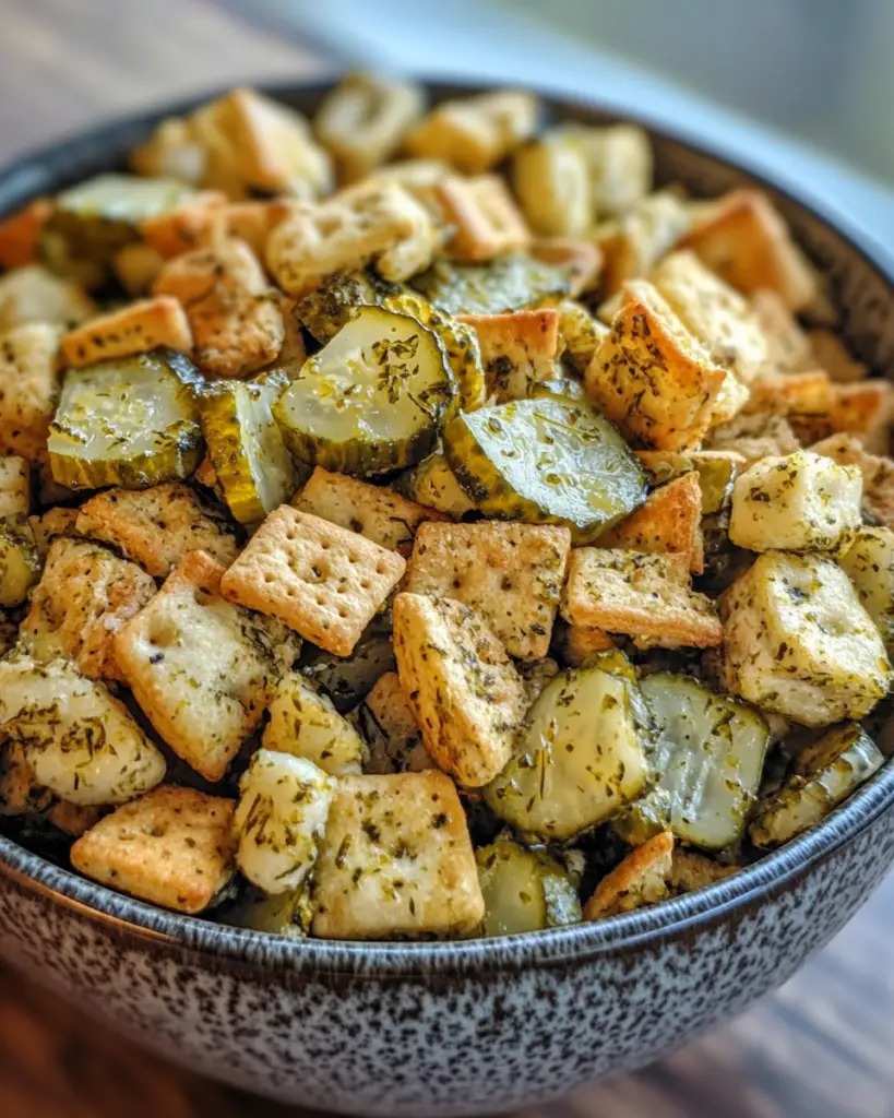 pickle-flavored Chex mix, tangy Chex snack, dill pickle snack mix, crunchy dill snack, dill pickle party mix