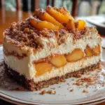 peach cobbler cheesecake dessert, layered peach cheesecake, peach cobbler cake recipe, creamy peach cake, fruit cobbler cheesecake