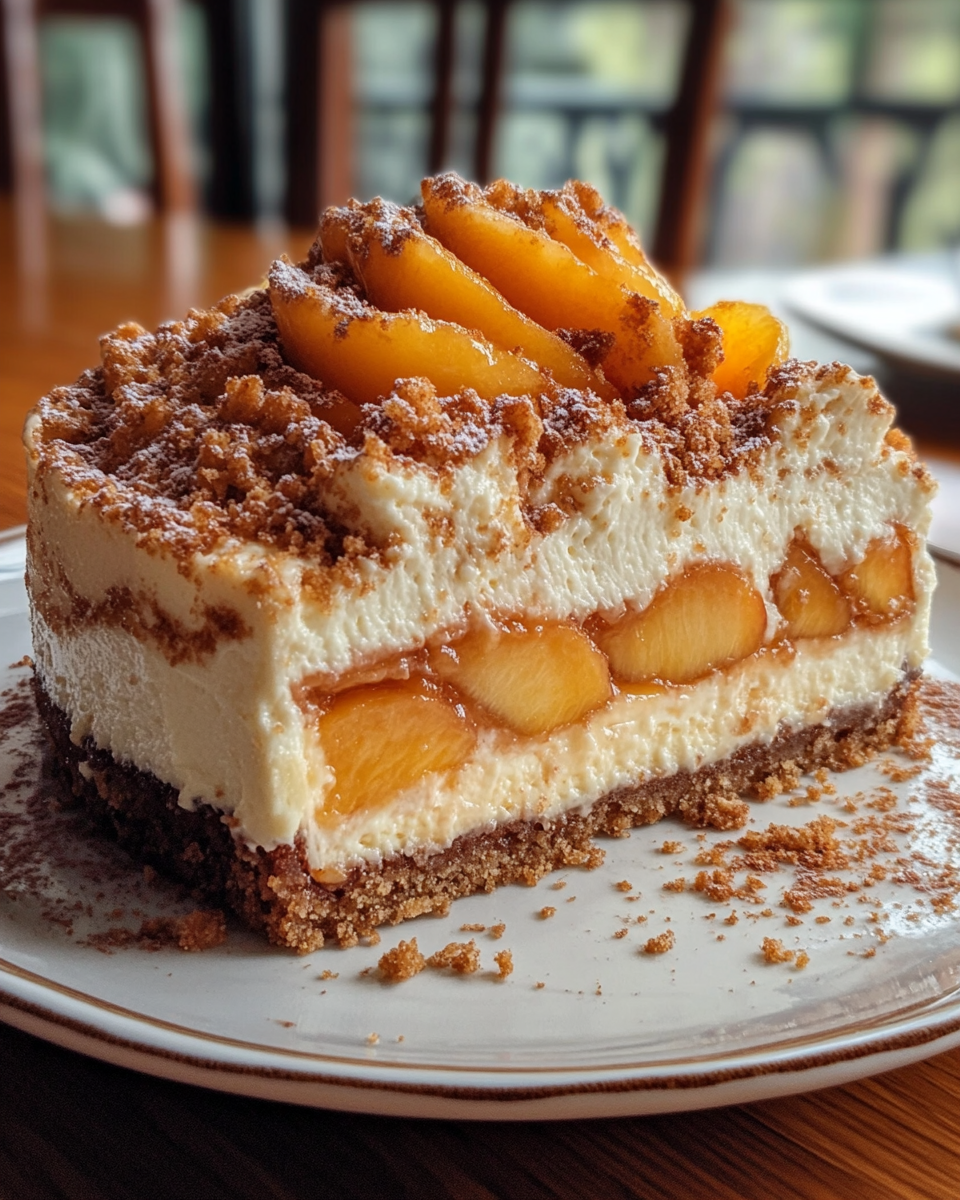 peach cobbler cheesecake dessert, layered peach cheesecake, peach cobbler cake recipe, creamy peach cake, fruit cobbler cheesecake