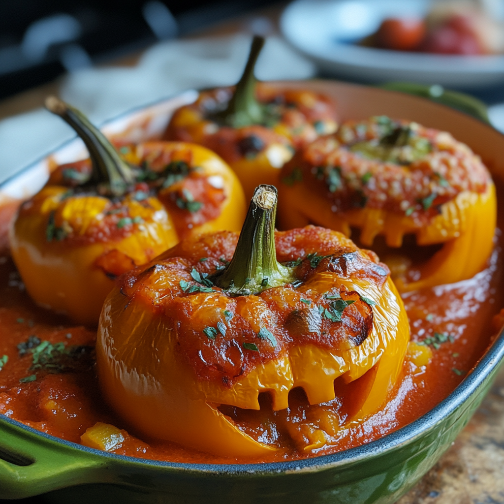 Halloween stuffed peppers, Halloween pepper recipe, spooky stuffed peppers, Jack-o'-Lantern bell peppers, Halloween dinner recipe