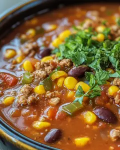 quick taco soup, taco soup with ground beef, one-pot taco soup, taco soup easy recipe, Mexican soup recipe, simple taco soup