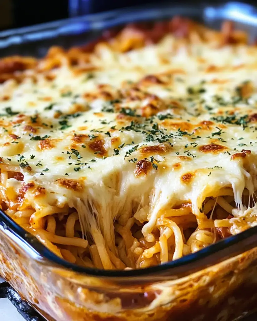 creamy baked spaghetti, spaghetti casserole with cream cheese, baked pasta with cream cheese, cheesy spaghetti bake, family pasta dish