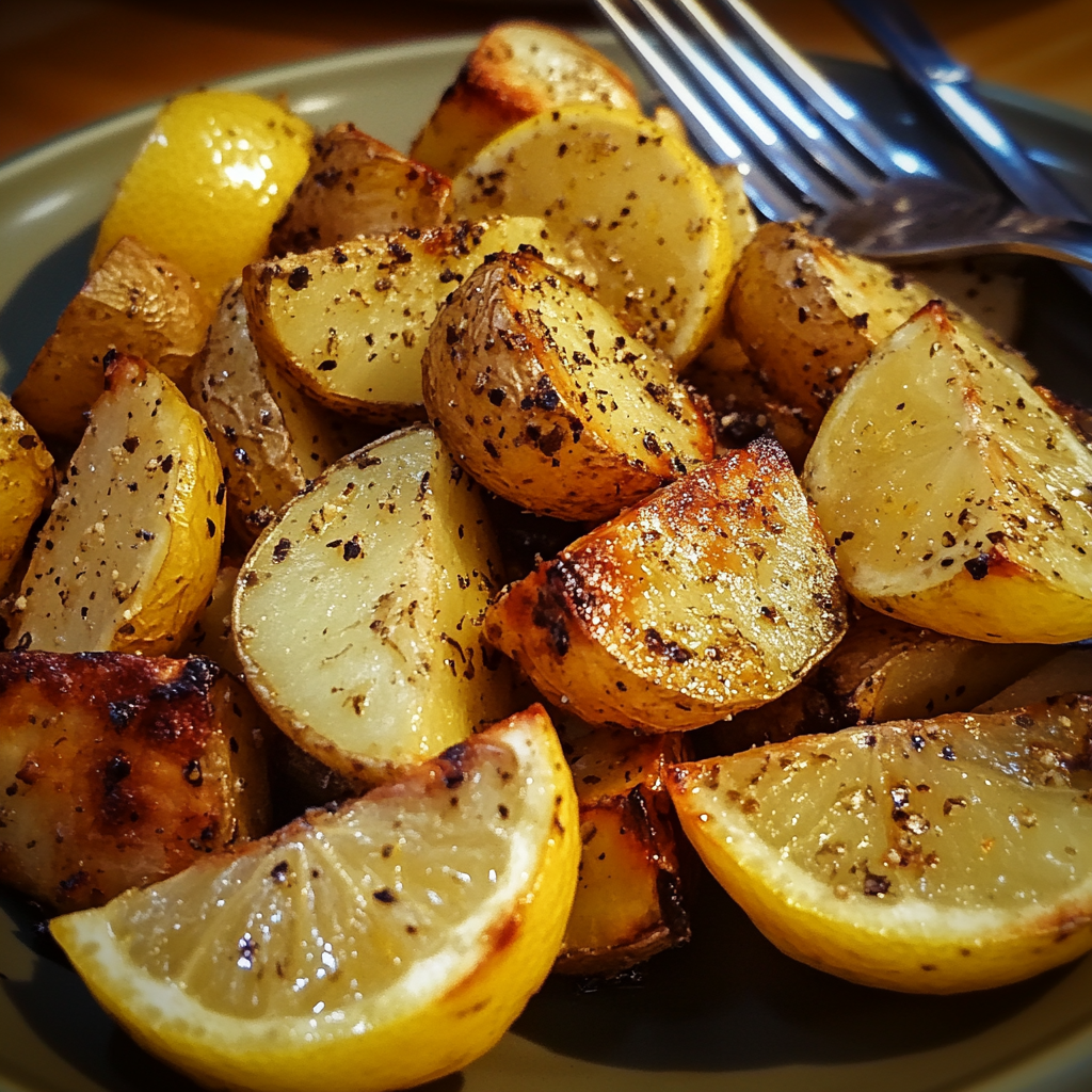 lemon garlic potatoes, Greek roasted potatoes, Mediterranean potatoes, tangy lemon potatoes, lemon oregano potatoes