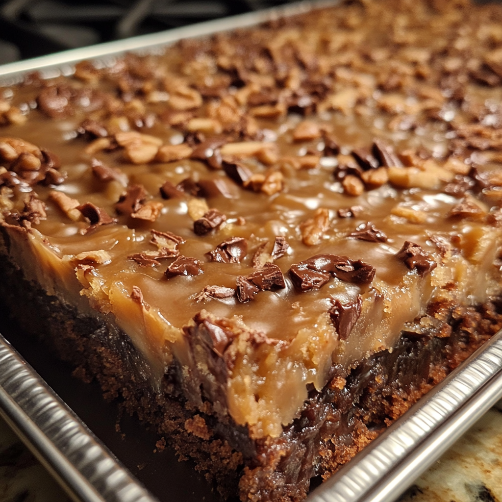 chocolate sheet cake, coconut pecan frosting, easy chocolate sheet cake, homemade German chocolate cake, moist chocolate cake, chocolate cake recipe