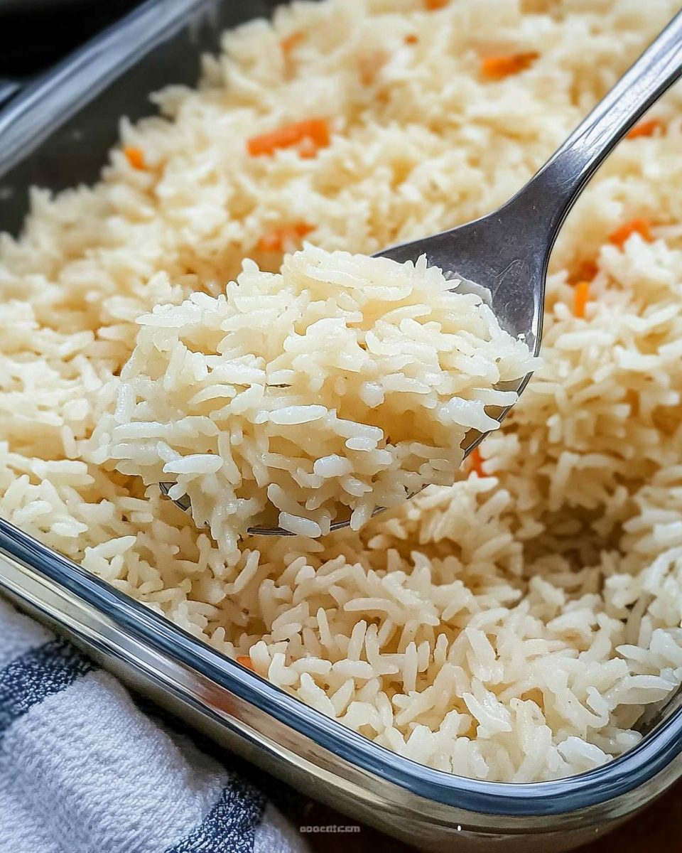 oven baked rice, baked rice recipe, easy rice recipe, fluffy baked rice, rice cooking in oven, no-fail rice recipe, baked rice with broth