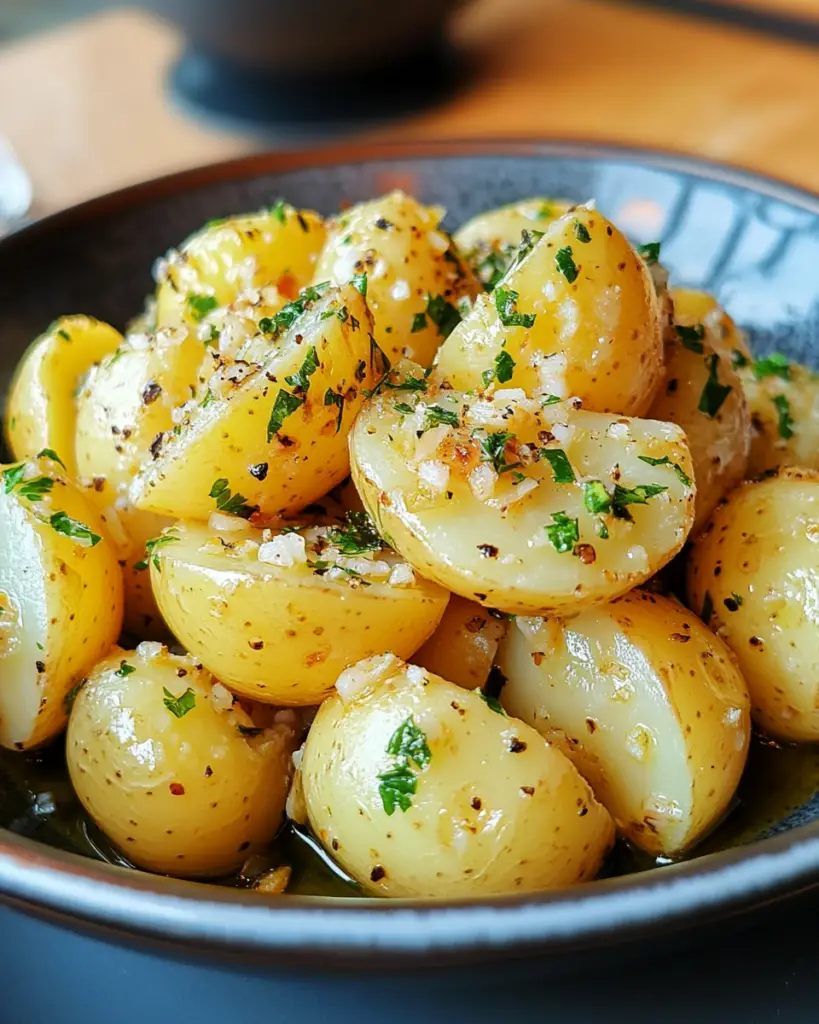 garlic butter potatoes, boiled baby potatoes, new potatoes with garlic, easy garlic potatoes, garlic herb potatoes