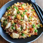 bacon fried rice, fried rice with chicken and bacon, easy chicken and bacon fried rice, chicken and bacon rice dish