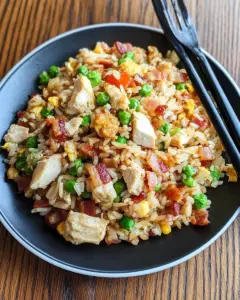 bacon fried rice, fried rice with chicken and bacon, easy chicken and bacon fried rice, chicken and bacon rice dish