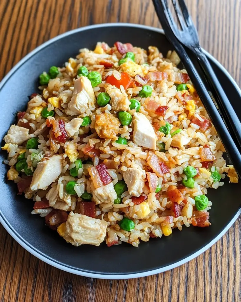 bacon fried rice, fried rice with chicken and bacon, easy chicken and bacon fried rice, chicken and bacon rice dish