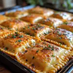 cheesy ravioli bake, baked ravioli casserole, rich pasta casserole, creamy ravioli lasagna, comfort food casserole