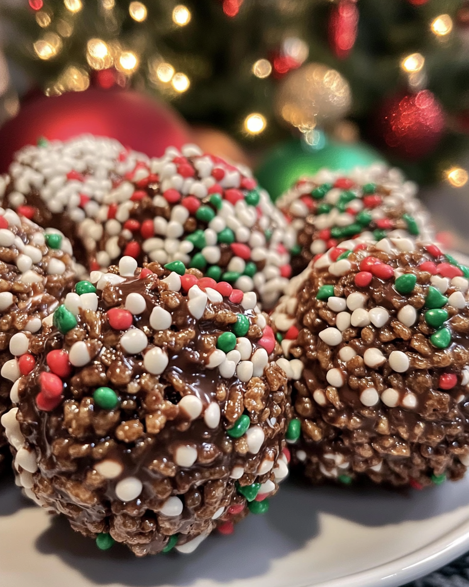 oliday Rice Krispie treats, chocolate-covered Rice Krispie balls, festive Rice Krispie balls, Christmas Rice Krispie dessert, easy holiday treats, no-bake chocolate balls