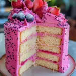 dragon fruit cake, pitaya cake recipe, pink layer cake, exotic fruit dessert, tropical cake recipe, dragon fruit frosting, dragon fruit dessert