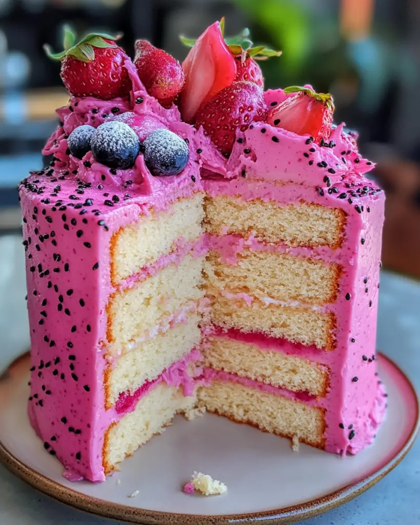 dragon fruit cake, pitaya cake recipe, pink layer cake, exotic fruit dessert, tropical cake recipe, dragon fruit frosting, dragon fruit dessert