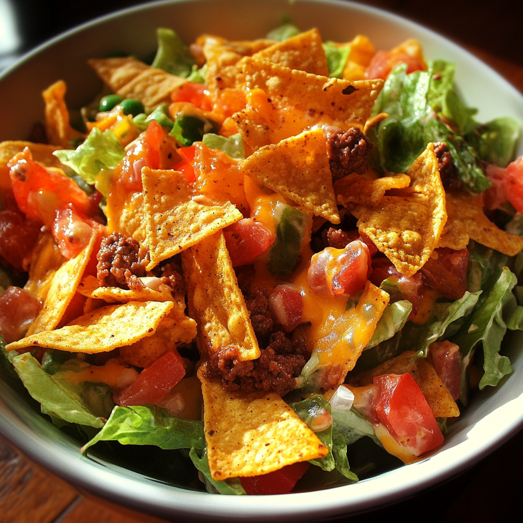 taco salad with Doritos, taco salad recipe, easy Dorito taco salad, taco salad with ground beef, crunchy taco salad, Dorito salad