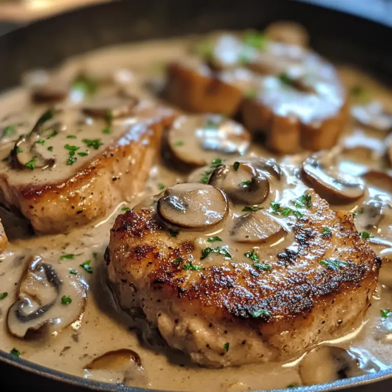 pork chops with mushroom gravy, creamy mushroom sauce for pork chops, skillet pork recipes, pan-seared pork chops, pork chop dinner ideas