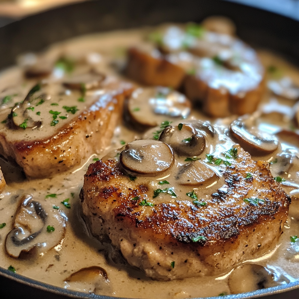 pork chops with mushroom gravy, creamy mushroom sauce for pork chops, skillet pork recipes, pan-seared pork chops, pork chop dinner ideas