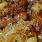 German sausage and sauerkraut, bratwurst and bacon onion potatoes, sauerkraut bratwurst skillet, German sauerkraut and potatoes