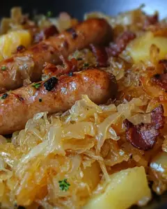 German sausage and sauerkraut, bratwurst and bacon onion potatoes, sauerkraut bratwurst skillet, German sauerkraut and potatoes