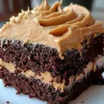 chocolate peanut butter cake, peanut butter frosting, easy chocolate cake recipe, homemade cake with frosting