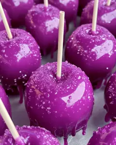 purple candy apples recipe, Halloween candy apples, magical candy apples, glossy purple apples, spooky candy apples